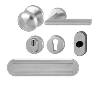 Hoppe Stockholm voordeurset knop/kruk met kerntrekbeveiliging (rond) RVS - DD54-74 mm - briefplaat naar buitendraaiend - SKG***