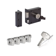 LIPS 1754 op&shy;leg&shy;slot - bruin - doorn&shy;maat 50 mm - draai&shy;rich&shy;ting 1 + DOM Plu&shy;ra ci&shy;lin&shy;der met kern&shy;trek&shy;be&shy;vei&shy;li&shy;ging (4x) - SKG**