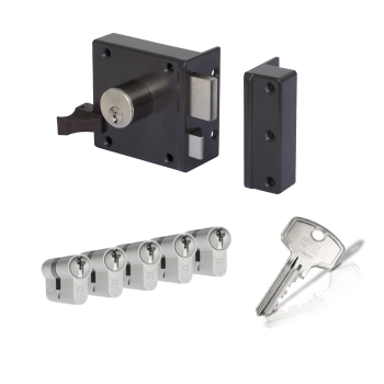 LIPS 1754 oplegslot - bruin - doornmaat 50 mm - draairichting 2 + DOM Plura cilinder met kerntrekbeveiliging (5x) - SKG**