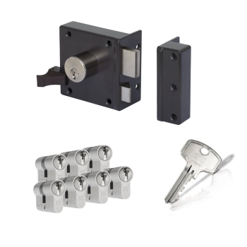 LIPS 1754 oplegslot - bruin - doornmaat 50 mm - draairichting 2 + DOM Plura cilinder met kerntrekbeveiliging (7x) - SKG**