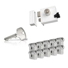 Ne&shy;mef 4154 op&shy;leg&shy;slot - wit - doorn&shy;maat 50 mm - draai&shy;rich&shy;ting 1 + DOM Plu&shy;ra ci&shy;lin&shy;der met kern&shy;trek&shy;be&shy;vei&shy;li&shy;ging (10x) - SKG**