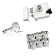 Ne&shy;mef 4154 op&shy;leg&shy;slot - wit - doorn&shy;maat 50 mm - draai&shy;rich&shy;ting 1 + DOM Plu&shy;ra ci&shy;lin&shy;der met kern&shy;trek&shy;be&shy;vei&shy;li&shy;ging (6x) - SKG**