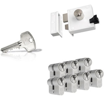 Nemef 4154 oplegslot - wit - doornmaat 50 mm - draairichting 1 + DOM Plura cilinder met kerntrekbeveiliging (7x) - SKG**