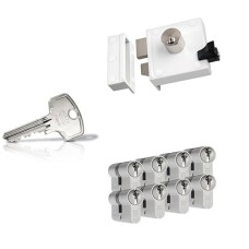 Ne&shy;mef 4154 op&shy;leg&shy;slot - wit - doorn&shy;maat 50 mm - draai&shy;rich&shy;ting 1 + DOM Plu&shy;ra ci&shy;lin&shy;der met kern&shy;trek&shy;be&shy;vei&shy;li&shy;ging (8x) - SKG**