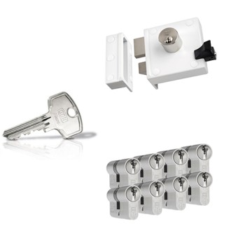 Nemef 4154 oplegslot - wit - doornmaat 50 mm - draairichting 1 + DOM Plura cilinder met kerntrekbeveiliging (8x) - SKG**