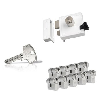 Nemef 4154 oplegslot - wit - doornmaat 50 mm - draairichting 1 + DOM Plura cilinder met kerntrekbeveiliging (9x) - SKG**