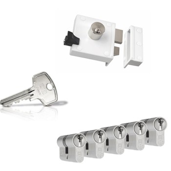 Nemef 4154 oplegslot - wit - doornmaat 50 mm - draairichting 2 + DOM Plura cilinder met kerntrekbeveiliging (5x) - SKG**