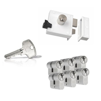Nemef 4154 oplegslot - wit - doornmaat 50 mm - draairichting 2 + DOM Plura cilinder met kerntrekbeveiliging (6x) - SKG**