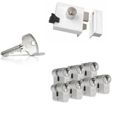 Ne&shy;mef 4154 op&shy;leg&shy;slot - wit - doorn&shy;maat 50 mm - draai&shy;rich&shy;ting 2 + DOM Plu&shy;ra ci&shy;lin&shy;der met kern&shy;trek&shy;be&shy;vei&shy;li&shy;ging (7x) - SKG**