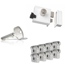 Ne&shy;mef 4154 op&shy;leg&shy;slot - wit - doorn&shy;maat 50 mm - draai&shy;rich&shy;ting 2 + DOM Plu&shy;ra ci&shy;lin&shy;der met kern&shy;trek&shy;be&shy;vei&shy;li&shy;ging (8x) - SKG**