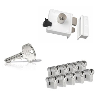 Nemef 4154 oplegslot - wit - doornmaat 50 mm - draairichting 2 + DOM Plura cilinder met kerntrekbeveiliging (9x) - SKG**